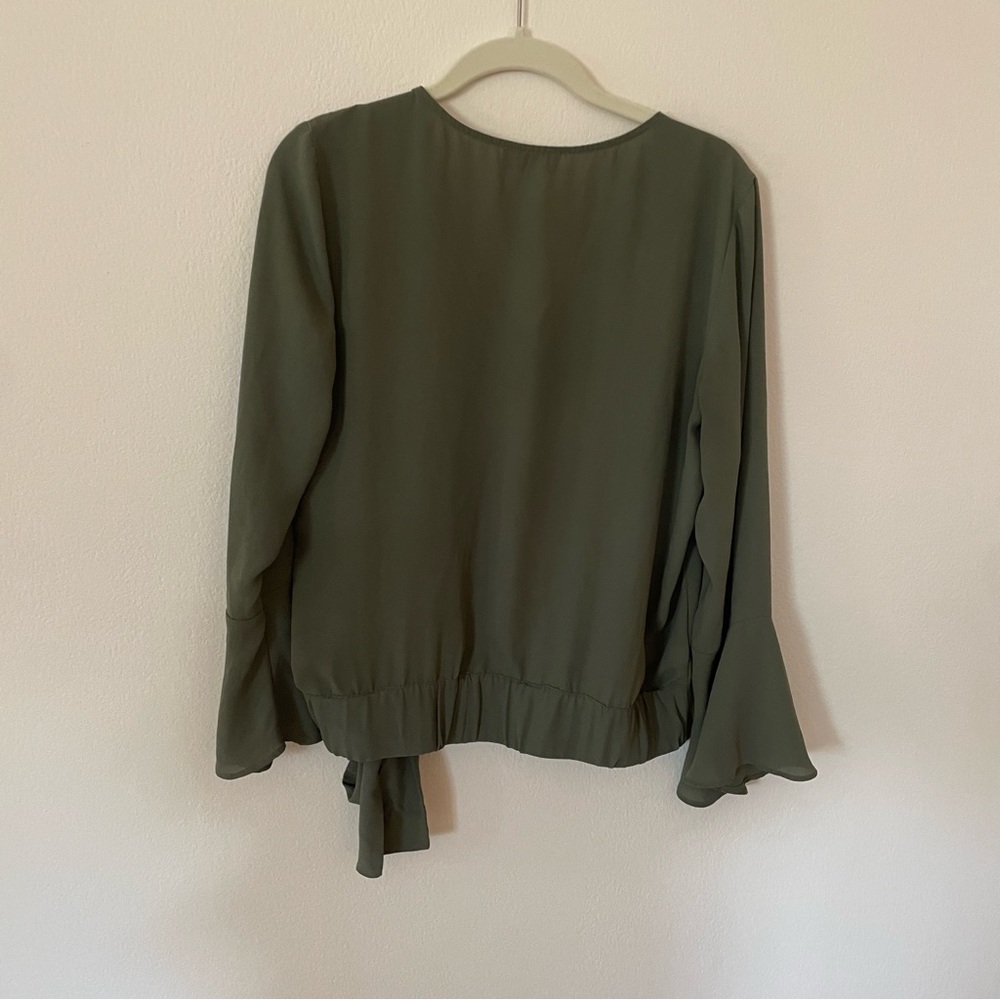Loft Olive Green Long Sleeve Bell Sleeve Faux Wrap Shirt Small - Picture 5 of 13